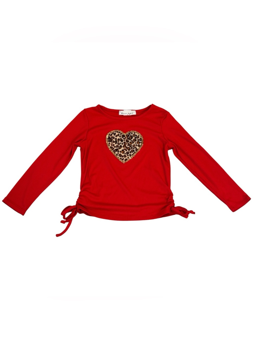 Dreamgirl Red Long Sleeve Top with Leopard Heart Applique